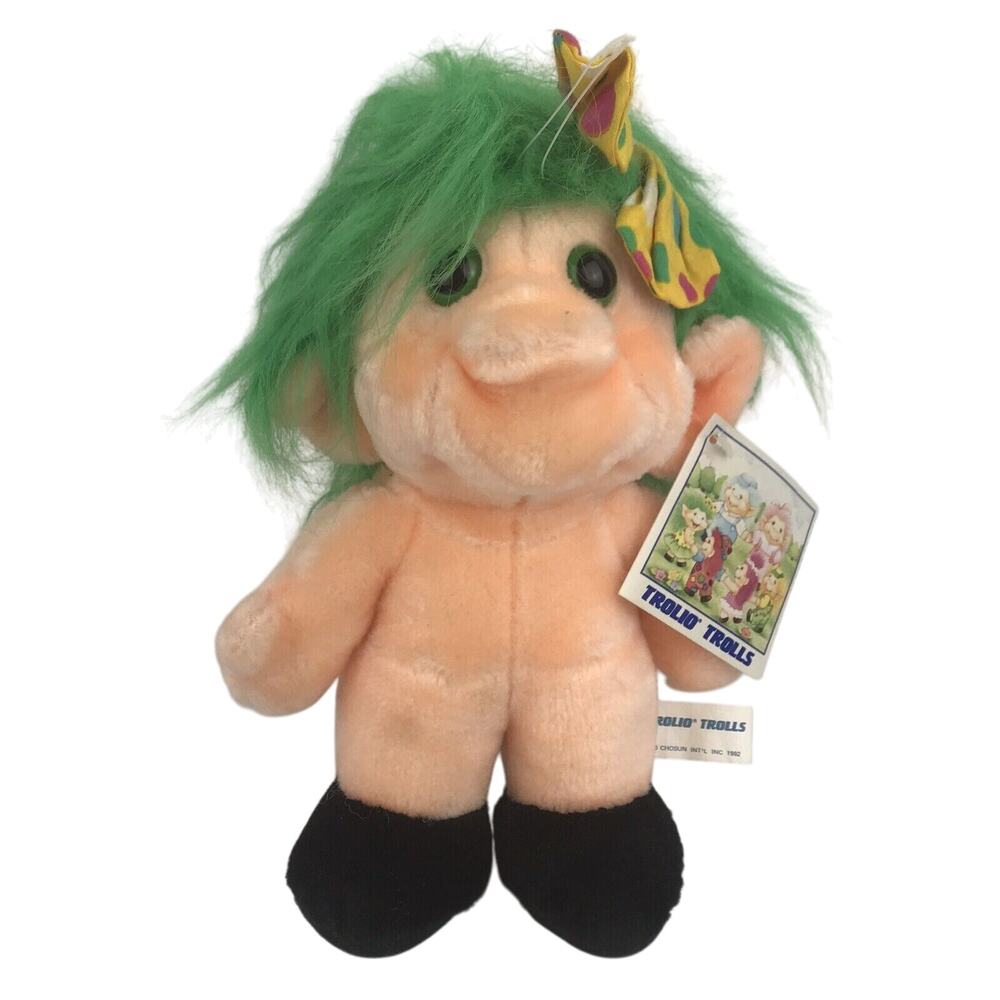 Vintage Trolio Trolls Plush 9.5" Doll 1992 Chosun Green Hair Bow Naked w/ Tag